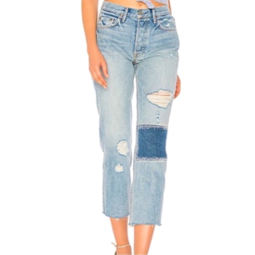 GRLFRND Helena Patchwork High Rise Straight Crop Jeans Distressed Size: 27